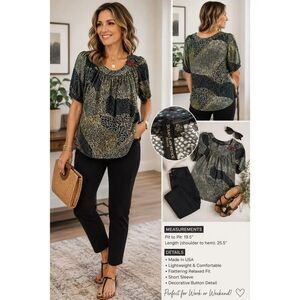 Susan Lawrence Petite PL Abstract Print Blouse Top USA Made Gathered Neck Career
